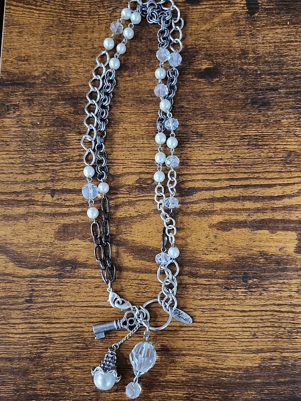 Silver Multi-Chain Pearl & Crystal Charm- Pendant Necklace By Plunder
